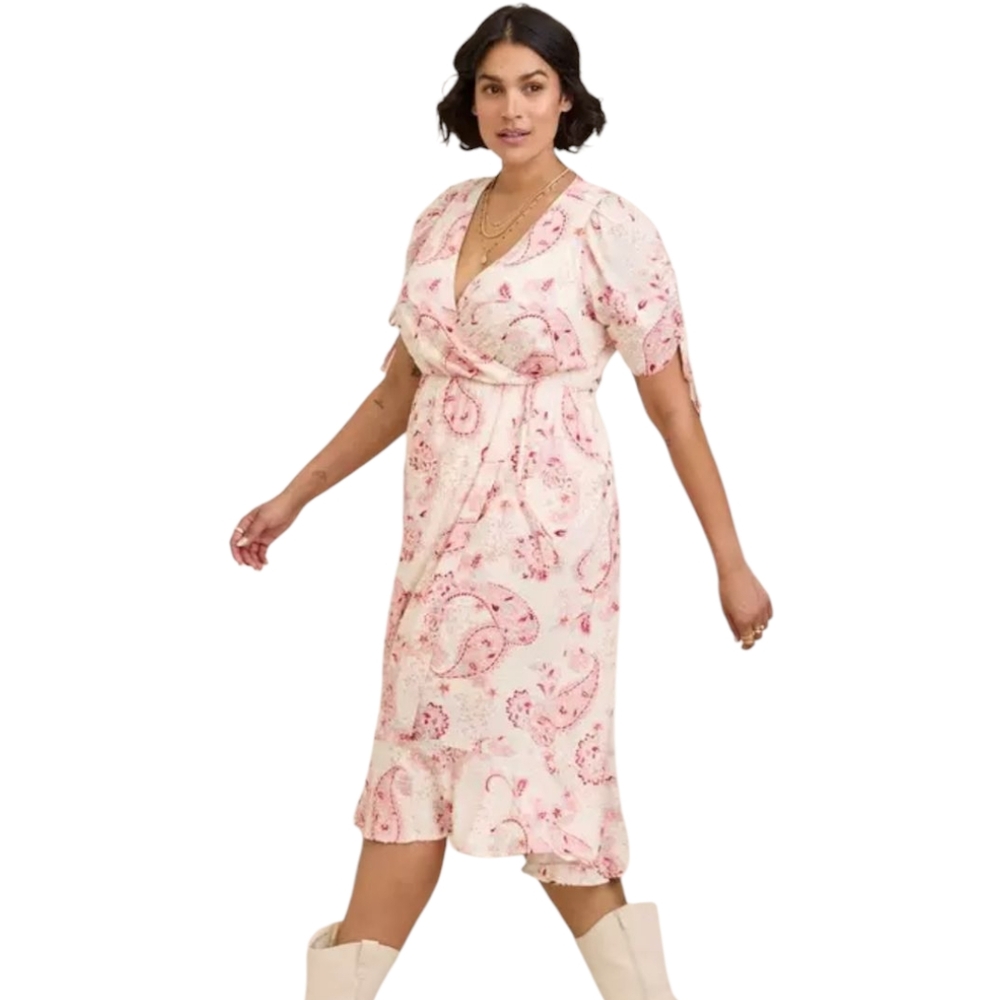 Torrid Midi Swiss Dot Surplice Paisley Wrap Dress Pink Cream Short Sleeve Lined - Picture 5 of 12